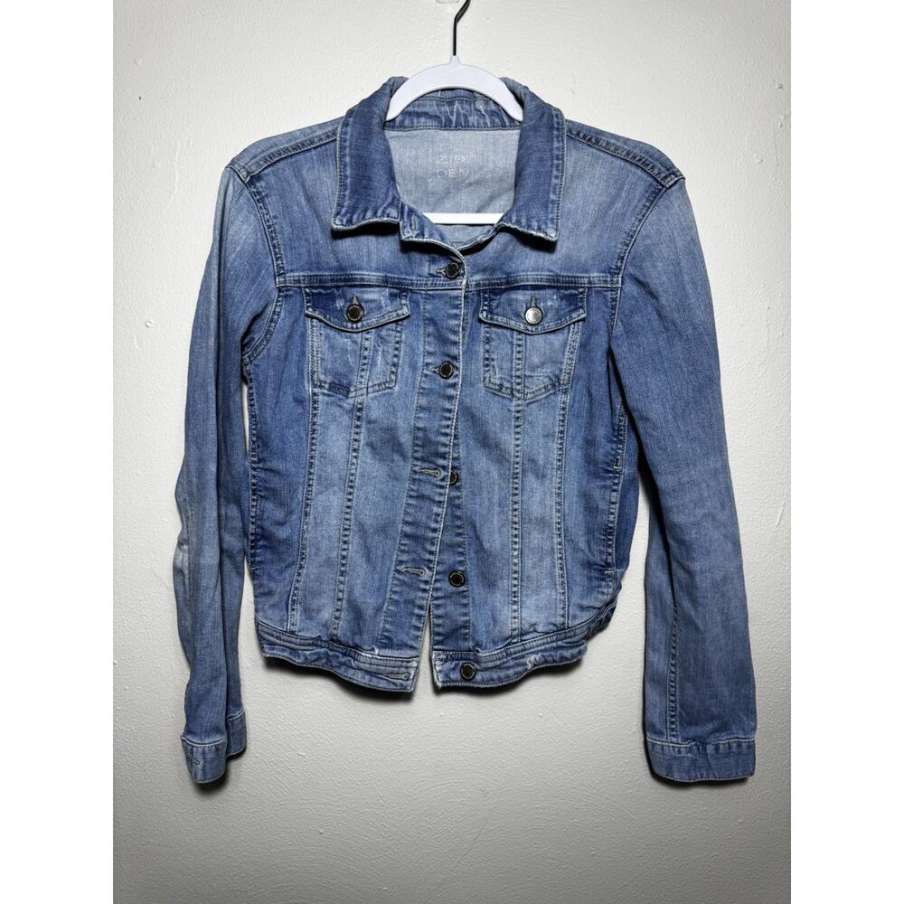Zara Basic Denim Jean Jacket Blue Distressed Womens Size Small GUC